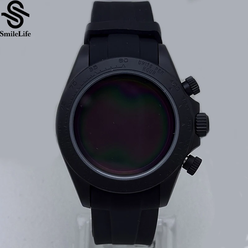 SmileLife 39mm VK63 Matte Black Watch Case Sapphire Glass Ceramic Bezel Rubber Strap Fit VK63 Quartz Movement Watch Accessories