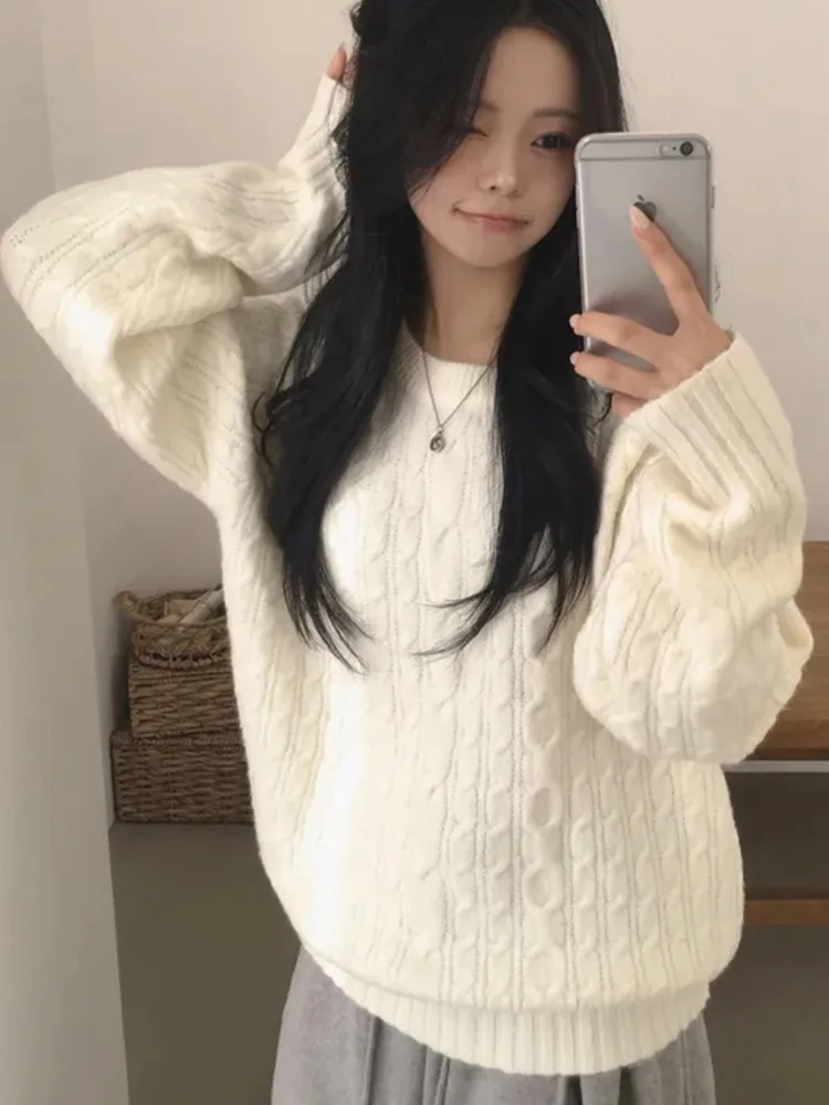 

2025 Winter Knitted Sweater Women's Commute Sle Loose round Ne Top Sweet Twist Casual Versatile Long Sve Knitwear