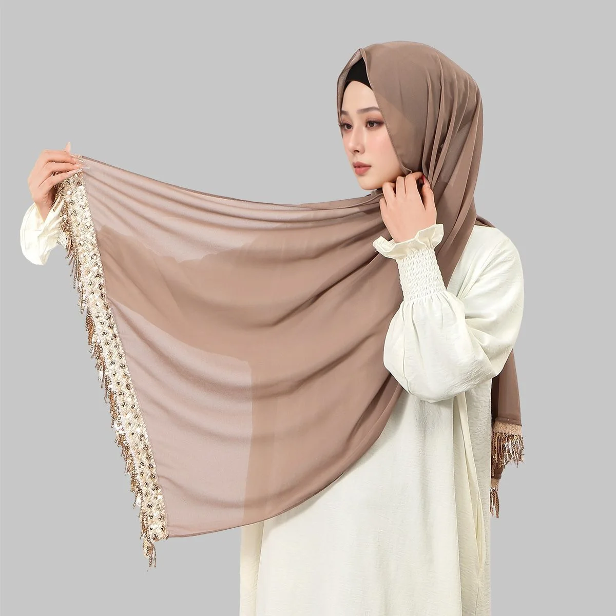 

Fashion Sequin Chiffon Hijab Shawls Women New Luxury Muslim Hijab Plain Long Tassels Scarf Ladies Head Wrap Headband 180*70cm