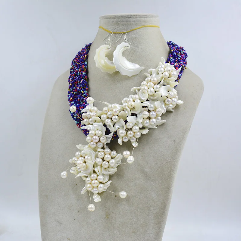 Handwoven Shell Flower Necklace Earring Set  18”