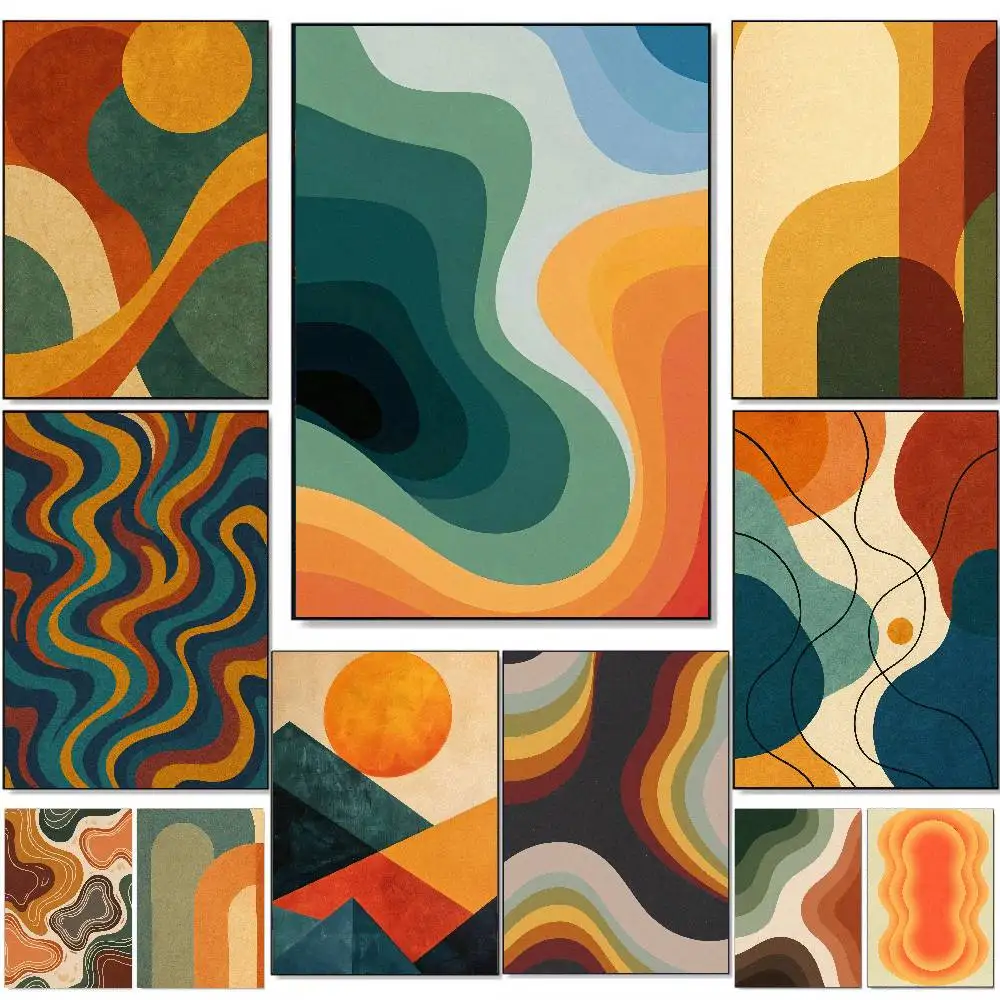 Modern Abstract Wall Art Poster, Retro Earth Tones Curved Shape Wave Pattern Print Aesthetic Apartment Interior Decoration