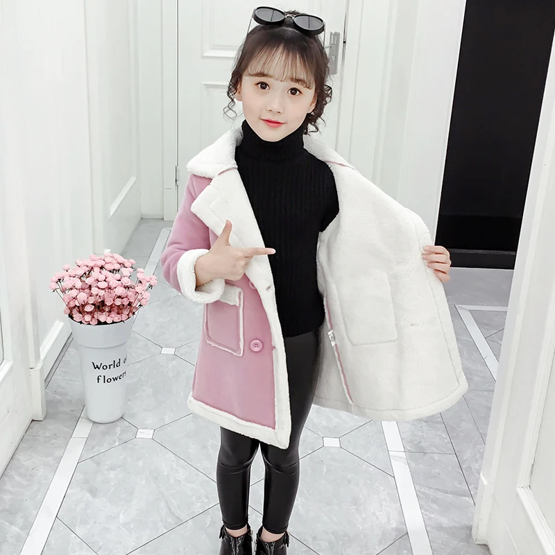 Girls Woolen Coat Winter New Sle Children's Korean Version Faux  Fur Lined Mid-Length Trendy Coat for Young Girls