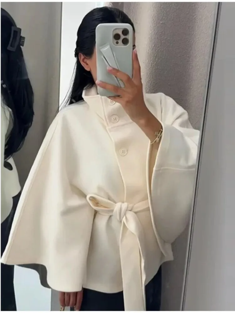 

Elegant Belt Cropped Jacket Coat Women 2025 Autumn Winter Stand Collar Single-breasted Cape Outerwear Office Casual Loose Coats