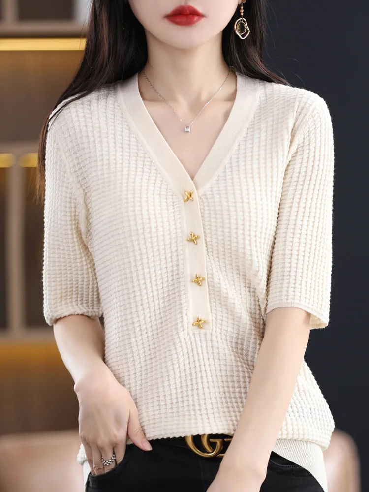 Addonee Spring Summer Women's 100% Pure Merino Wool Short Sleeved Sweater V-Neck Button Pullover Checkered Women's Knitted Top