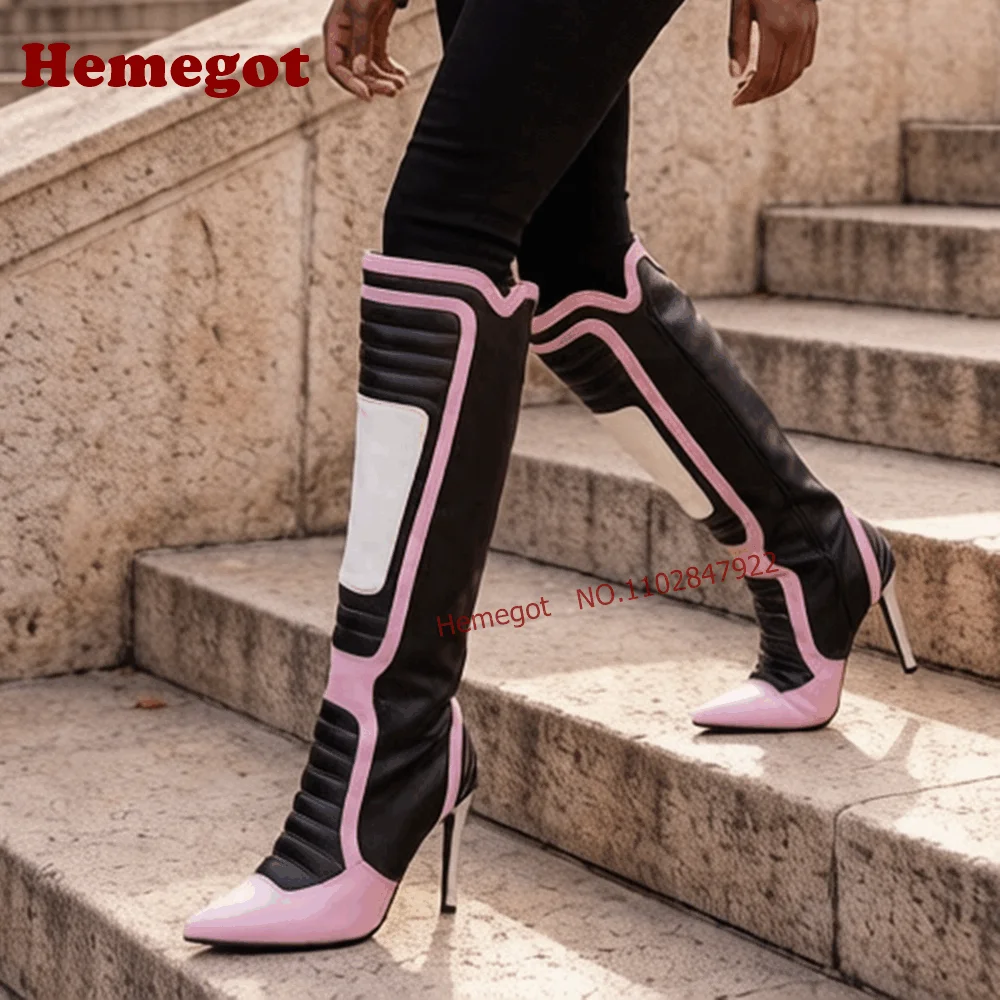 Mixed-Color Pointed Toe Knee High Boots Pink Black Patchwork Back Zipper Thin Heels Women's Boots Spicy Girls Fashion Shoes
