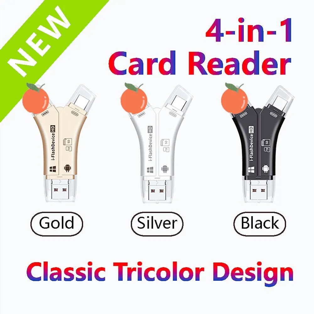 USB2.0+Micro+Type-c+Lightning 4-in-1 Multi-interface Card Reader for SD/TF Card for Phone Android iPad I-flashdevice