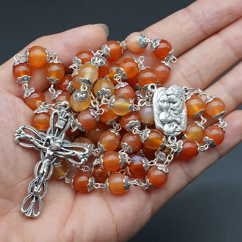 

Natural Agate Retro Holy Family Rose Rosary Roman Bracelet Catholic Holy Cross Emperor Crystal Europe America Rosarios Jewelry