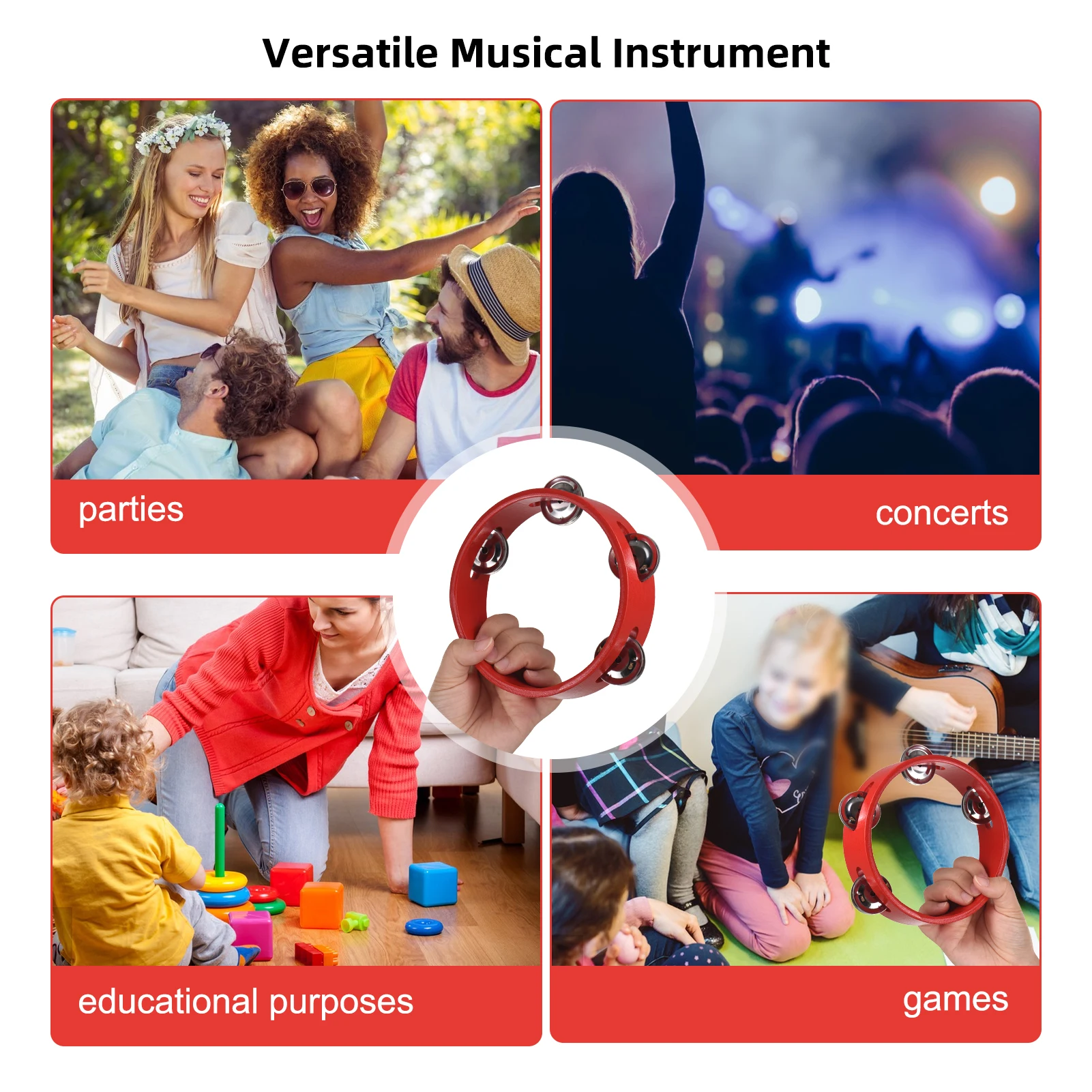 Tambourine for Adults Pleasant Jingle Sound Red Hand Cranked Bell Rings Wooden Metal Bell Sound Percussion Instruments 6/8 inch