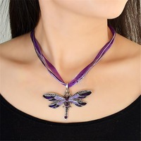 New Vintage Crystal Dragonfly Silk Ribbon Necklace Creative Design Metal Insect Pendant Necklace for Women Accessories Jewelry