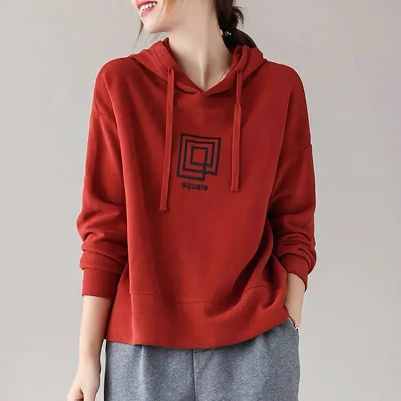 

Spring Autumn Large Size Hoodie Long Sve Loose Casual Women's T-irt Versatile Outerwear Cotton Commute Sle Artistic