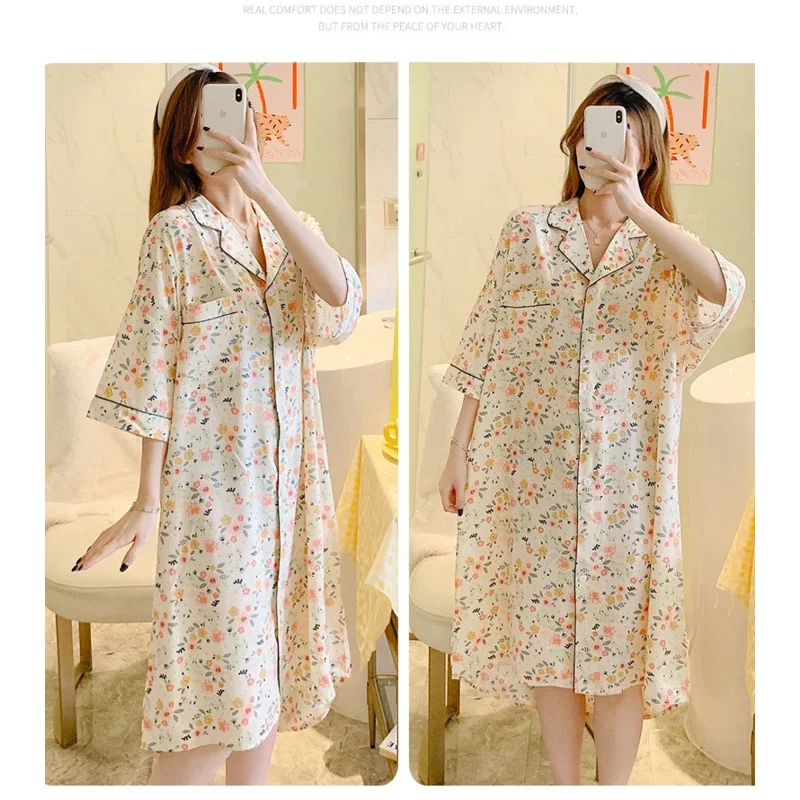 Plus size sleep dress cotton floral printing night gown three quarter sleeves sleepshirt loose nightwear summer home clothing