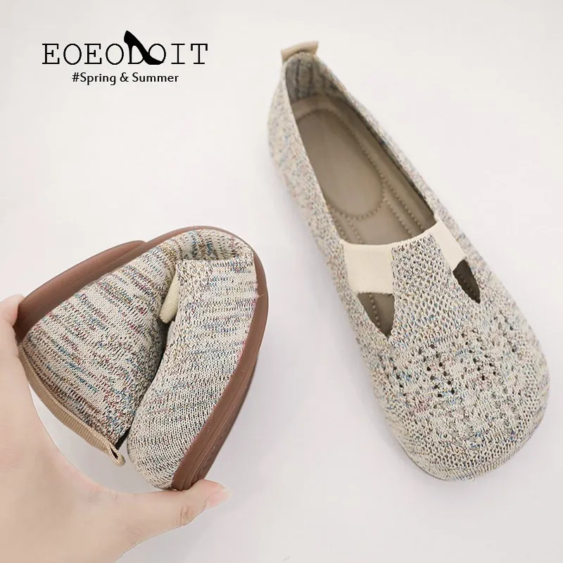 Loafers Autumn Casual Shoes Women Flat Heel Square Toe Hollow-out Sneakers Barefoot Shoes Moccasin Female Knitted Flats