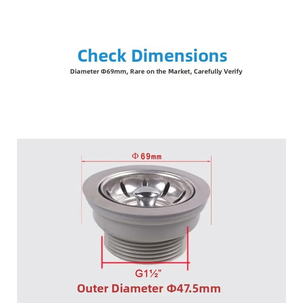 Kitchen Sink Drainer Stainless Steel 304 Sink Strainer PP Shell Push Pull Stopper For 54-60mm Holes Accessories
