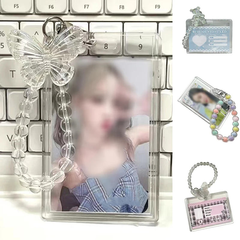 Mode Crystal Butterfly Card Holder Mouw Verticale Kaart Case Opberg Transparant Kaart Cover Sleutelhanger Kaart Mouw Hanger