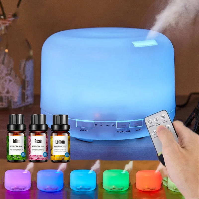 ناشر رائحة مع 3 قطع من الزيوت العطرية، مرطب هواء مع ضوء ليلي ملون وجهاز تحكم عن بعد لغرفة النوم والمكتب وغرفة اليوغا