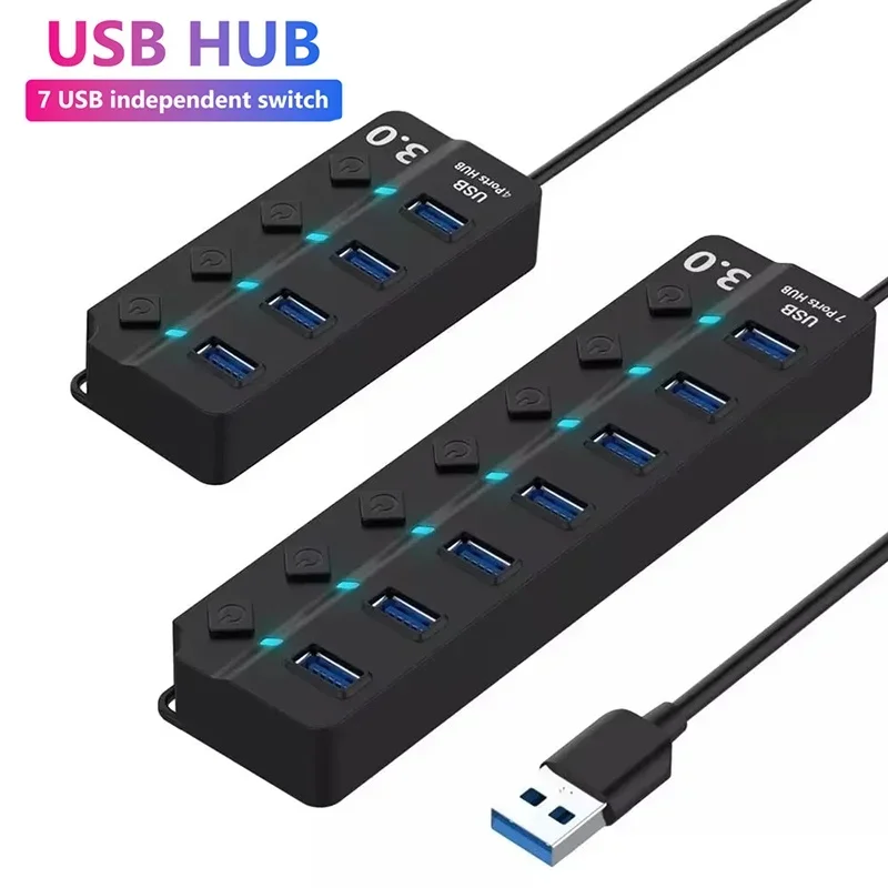 High‑Speed Multi‑Port USB Expander Hub USB2.0 USB3.0 Splitter Adapter With LED Power Switch for PC Laptop