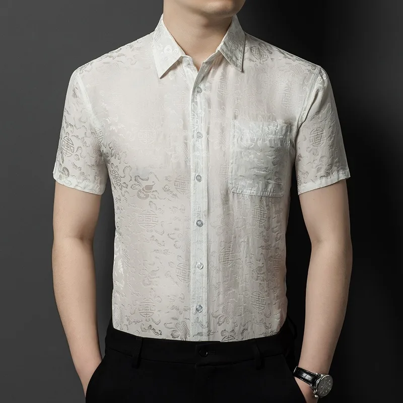 100% Mulberry Silk Shirts for Man Summer Business Casual Comfortable Breathable Short Sleeve Tops High End Breast Pockets Shirts