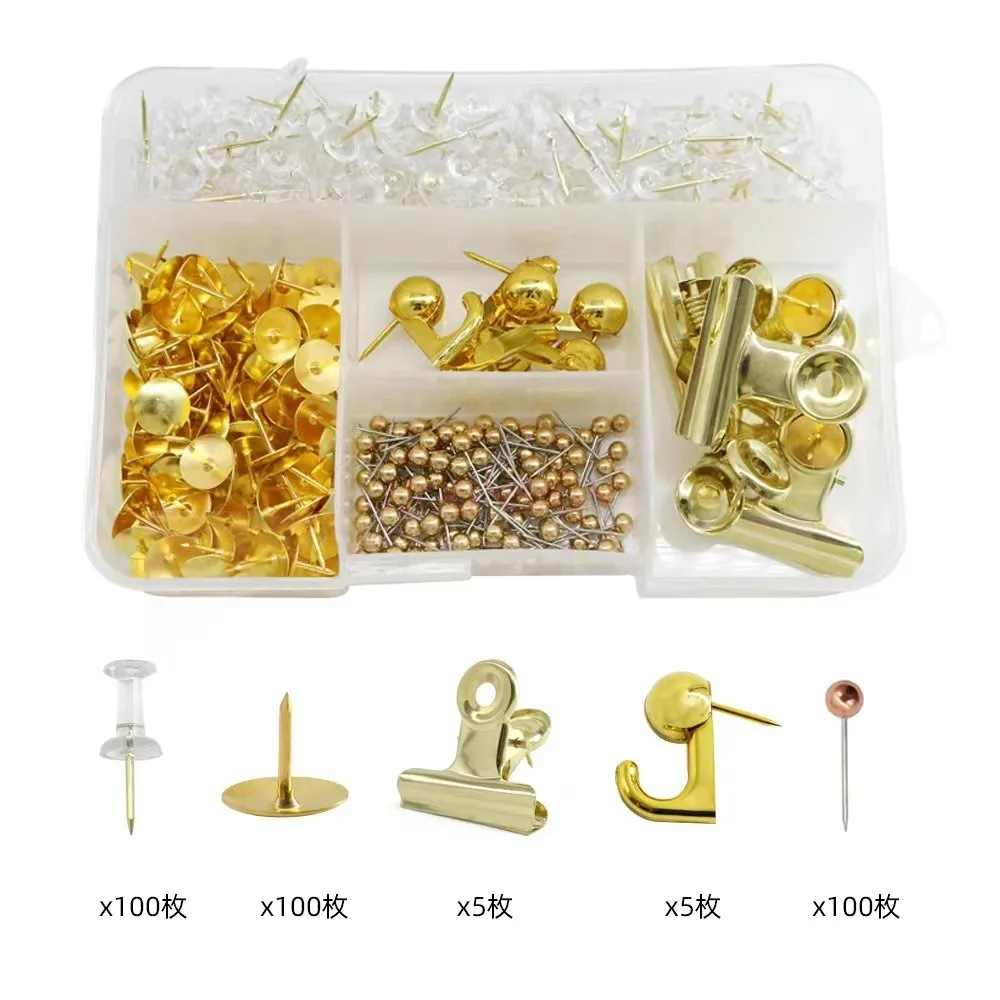 310pcs Golden color push pin set, map nail, metal long tail clip, nail clip, message board, press nail, I-shaped nail