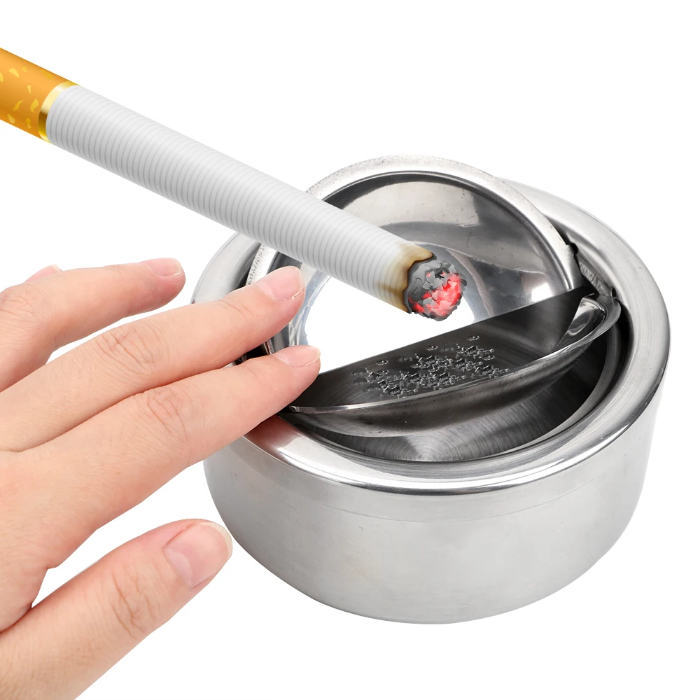 

Round Stainless Steel Cigarette Ashtray Windproof Ash Storage Case With Lid