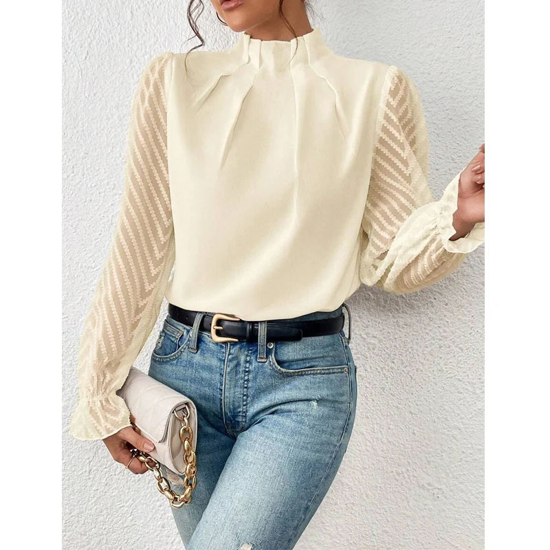 Autumn Winter Women Half High Collar Ruffled Blouses Elegant Fashion Office Lady Shirts Sheer Long Sleeve Loose Tops Solid Blusa