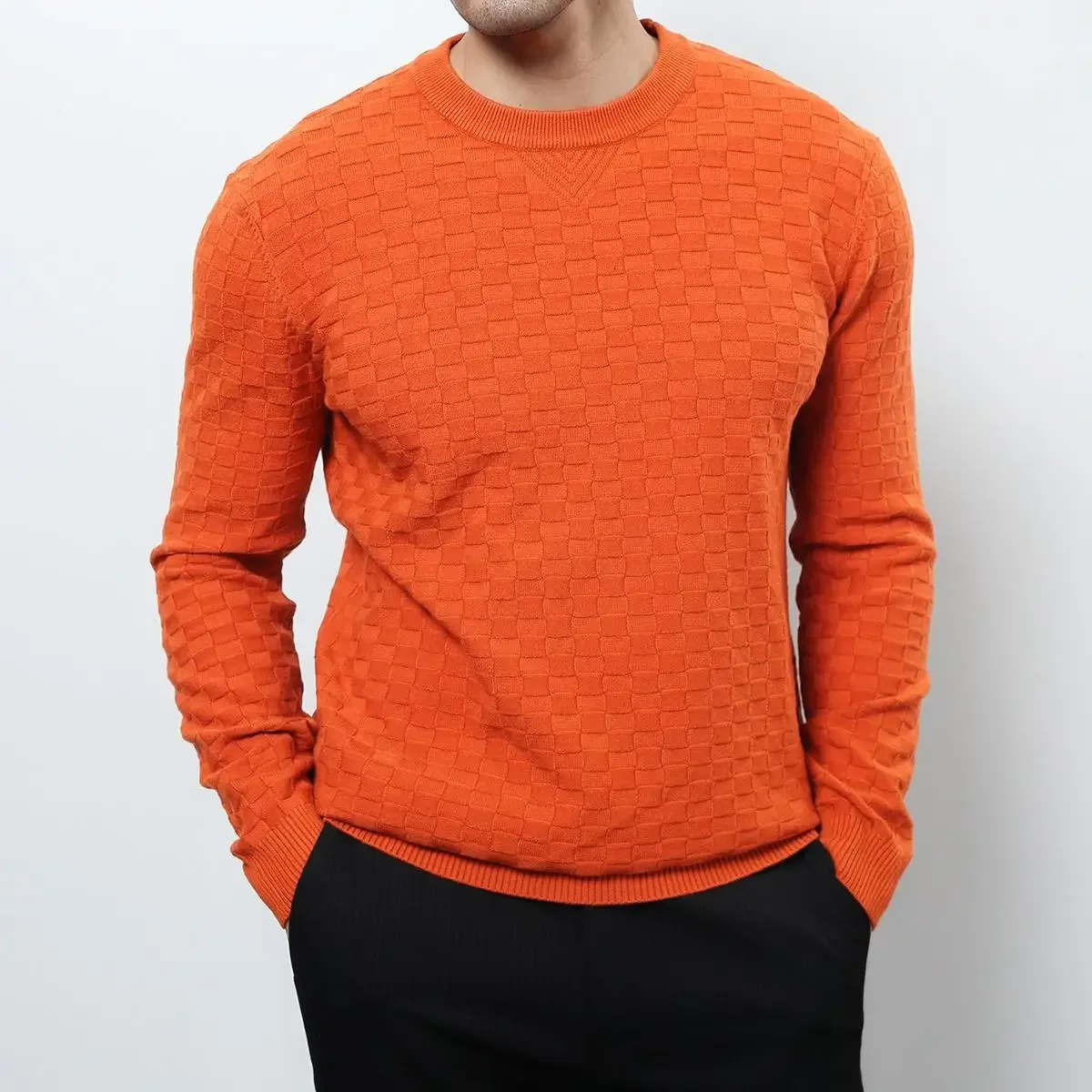 Autumn Winter Elastic Jacquard Woven O-Neck Sweater For Men High Quality Waffle Knitted Slim Fit Long Sleeve Casual Pullovers