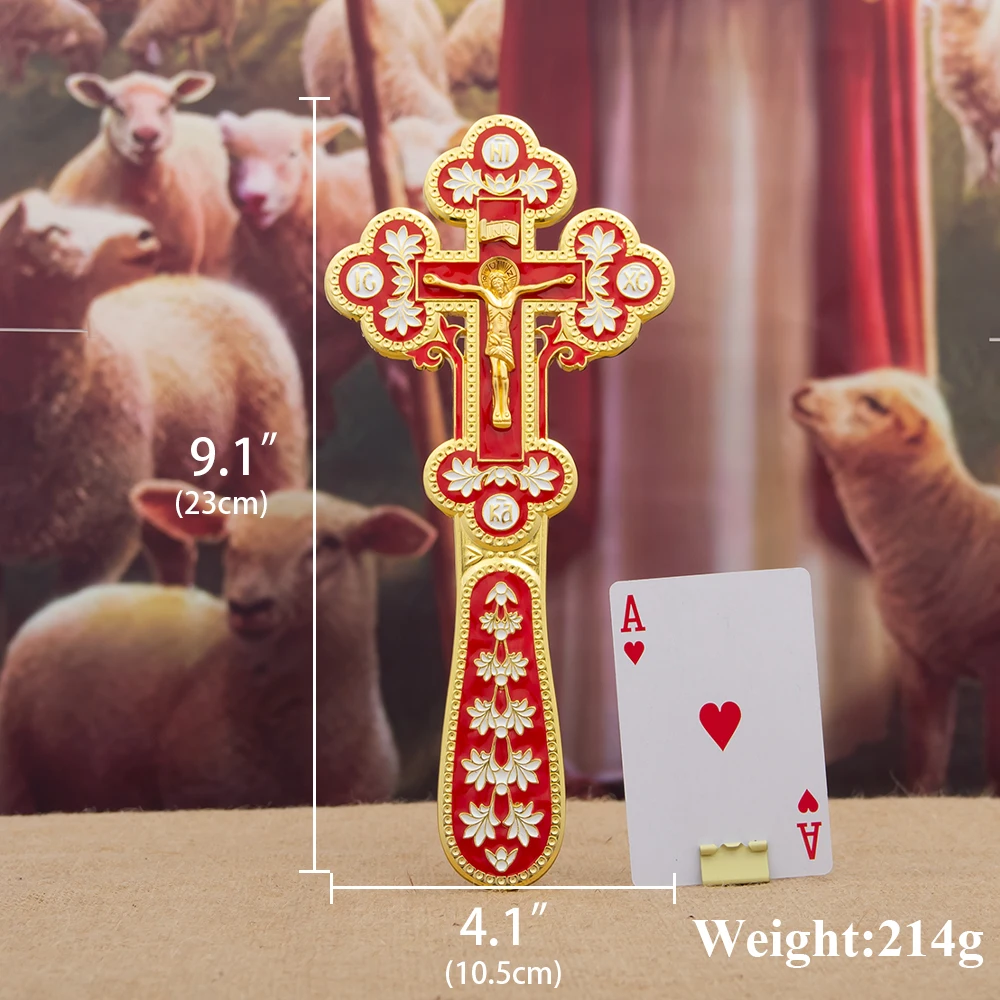 

Handheld Catholic Crucifix with Jesus Sculpture Colorful Enamel Religious Cross Single-Sided Devotional Metal Cross for Prayer