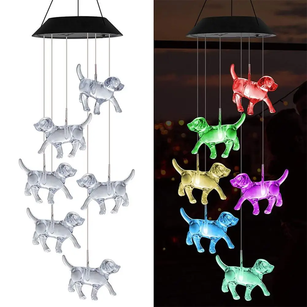 Lampu lonceng angin anjing surya, lampu tali tenaga surya LED, lampu perlengkapan angin, dekorasi rumah taman, anjing warna-warni R3U0