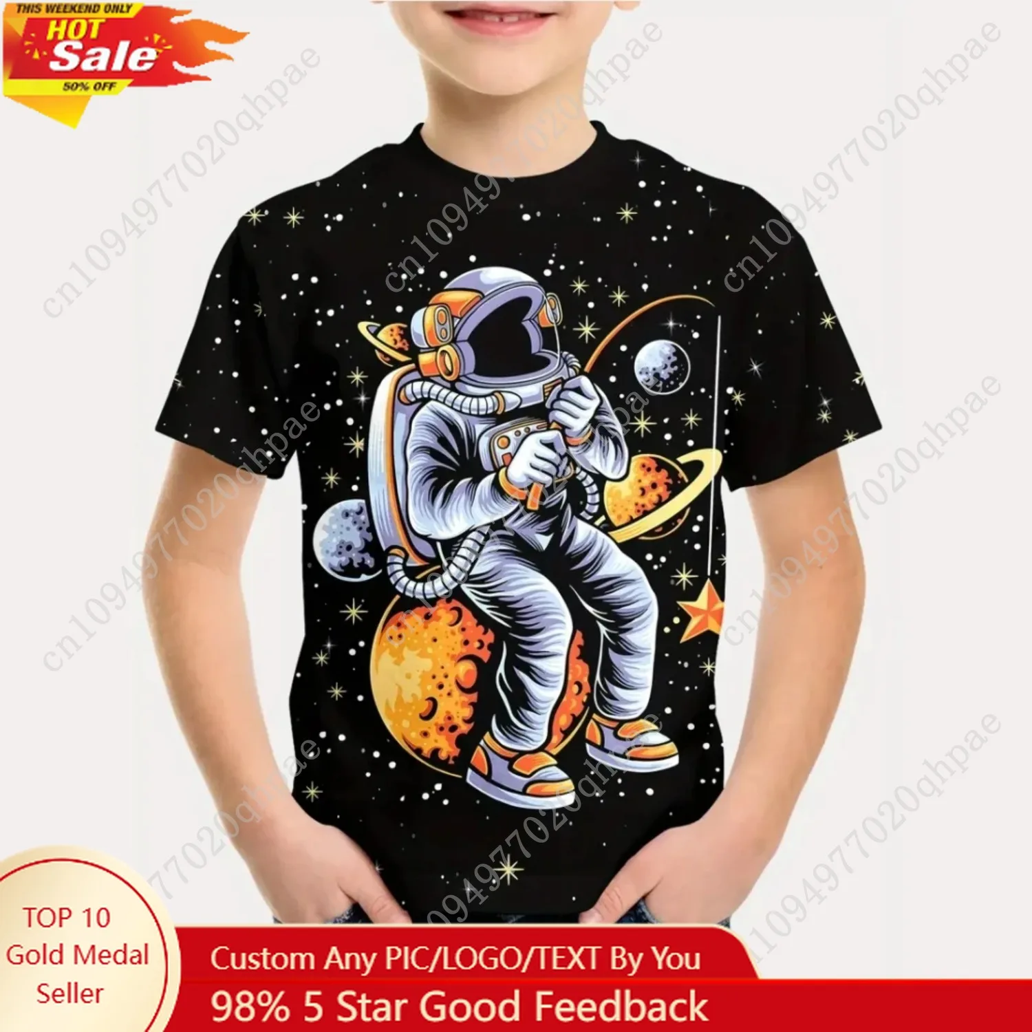 

2025 Kids Clothes Summer Cartoon Astronaut Round Neck Short Sleeve Graphic T Shirts Fun Children's Clothing T-Shirt for a Boy