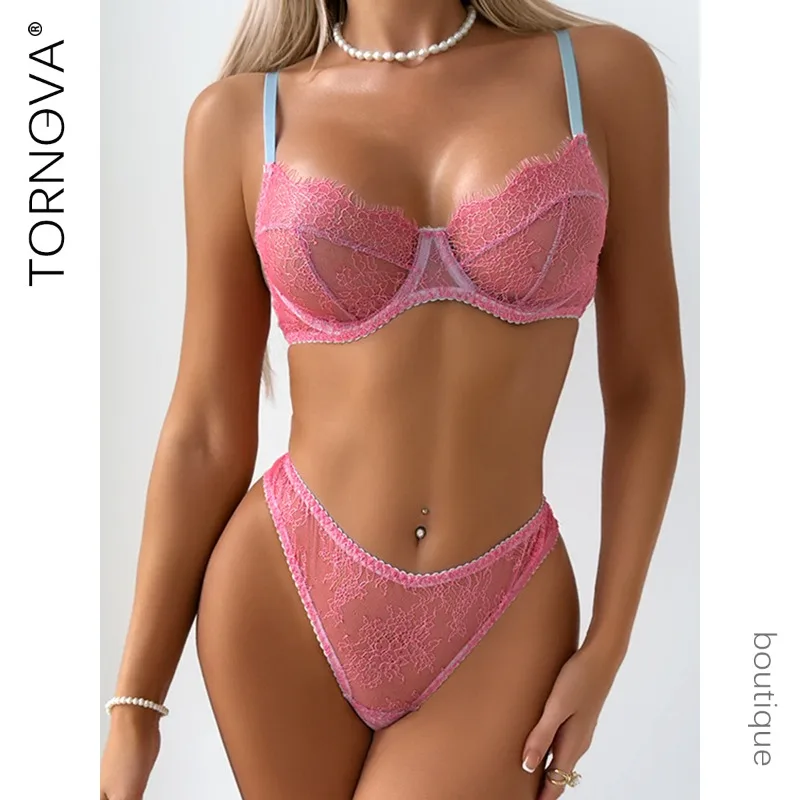 

Tornova Sexy Lace Lingerie Panty 2PCS Slim Exposed Navel See-through Mesh Interesting Pink Cute Hollow Romantic Underwear Set