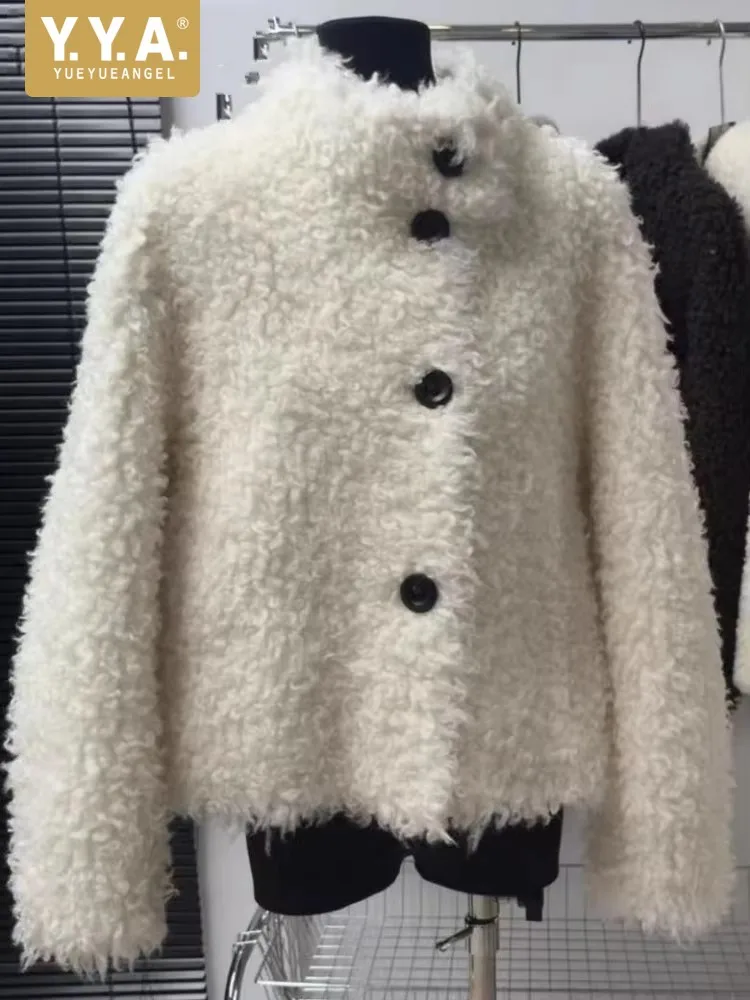 

Leisure Style Single-Breasted Female Wool Cashmere Outerwear Long Sleeves Stand Collar Warm Solid Color Sheep Wools Jacket