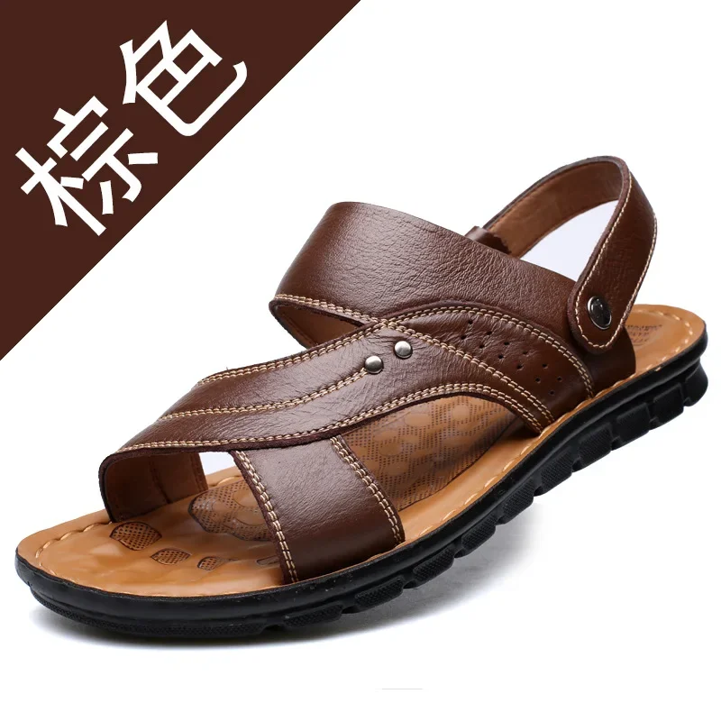 Men\'s Summer New Sandals Leather Beach Shoes Casual Men\'s Shoes Fashion Slippers Stripe Sandals Rubber  Mens Shoes