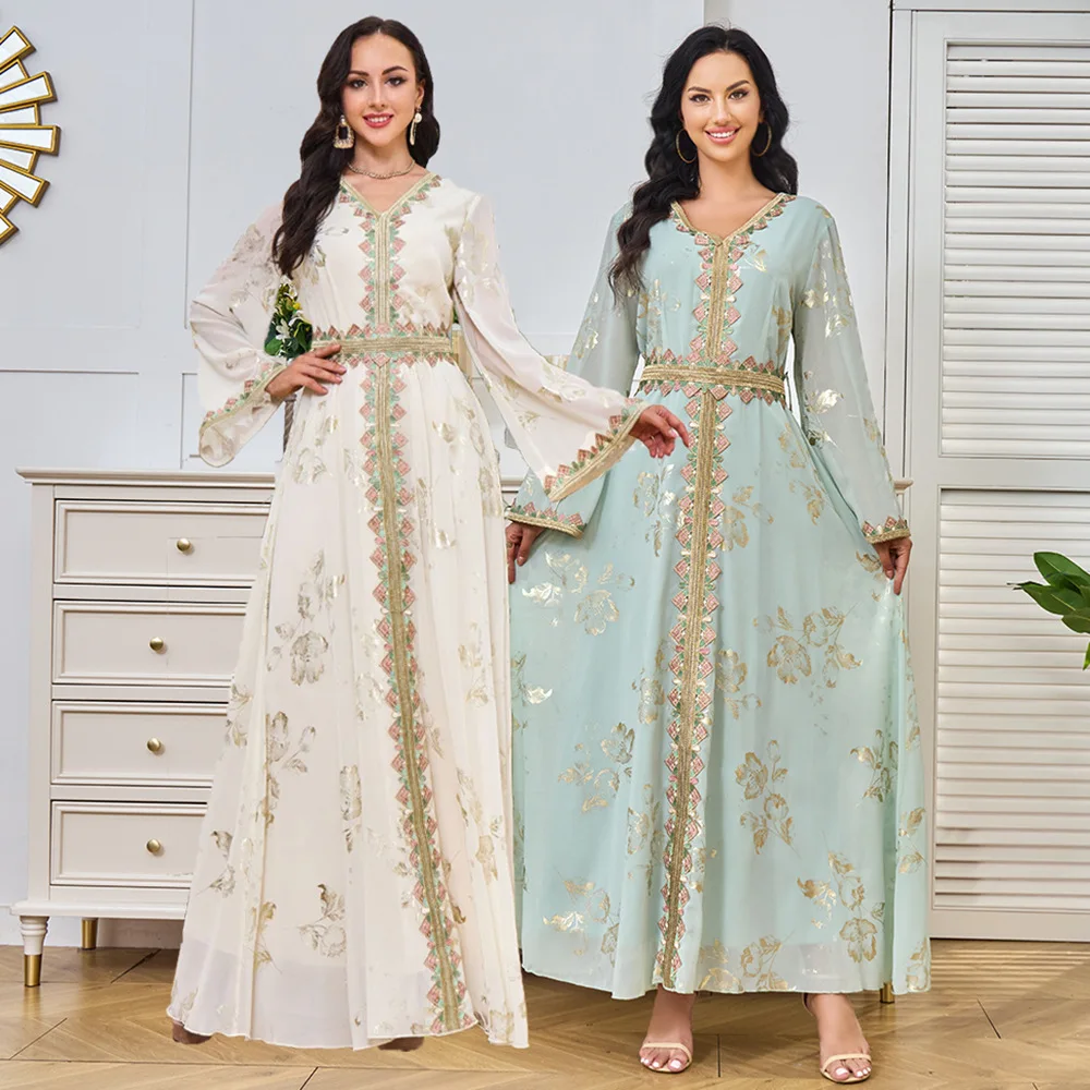 Muslim Party Dress for Women Gold Print Embroidery Belted Lace Gown Ramadan Dubai Elegant Wedding Abaya Fashion Islamic Clothing