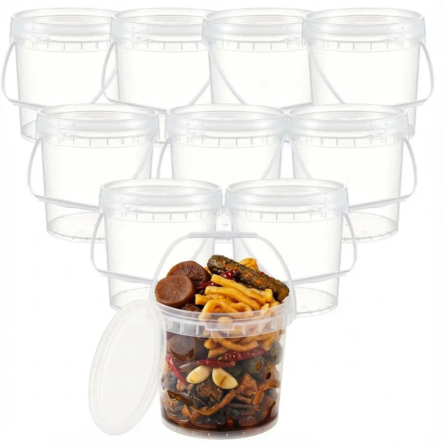 

Pack 0.5 Gallon 64 oz 2 L Clear Plastic Bucket with Handle and Lids Food Storage Containers Freeze Safe Ice Cream Tubs for Deli