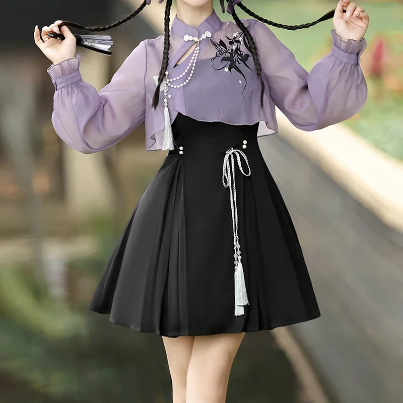 

2025 Suit women's new spring 2024 wear purple gauze Chinese style top women's slim Joker dress with two pieces.