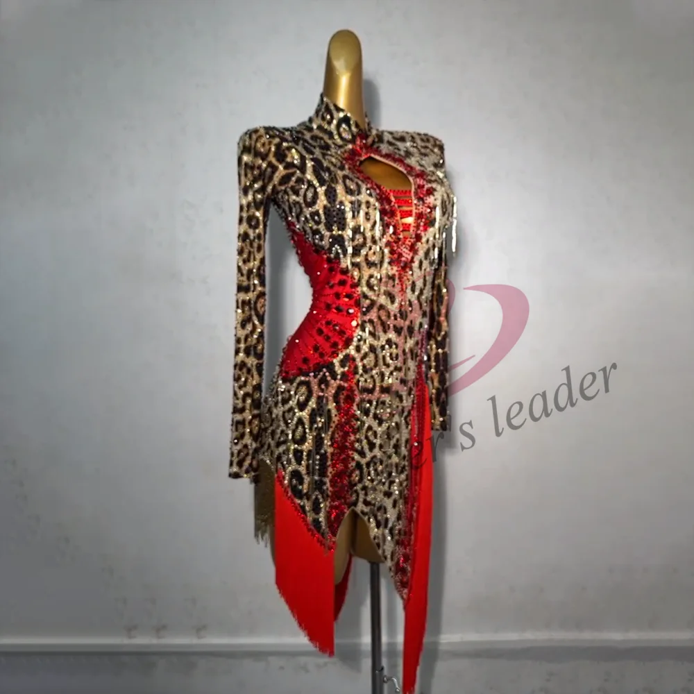 Latin Dance Professional Dress High-end Custom Leopard Tassel Cha Cha Tango Women's Standard Stage Professional Clothing