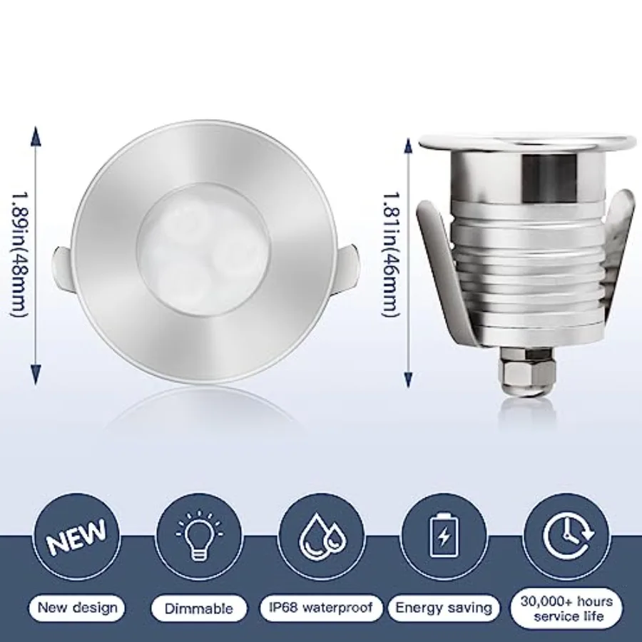 LED Underwater Pool Lights, 12V Micro Low Voltage Submersible Lights, Solid Metal Housing IP68 Ultra Waterproof, Recessed for P