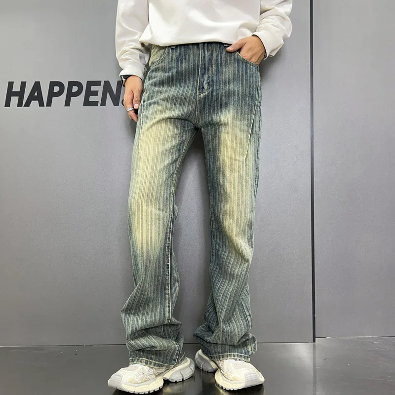 

Washed Indentation Loose Jeans Men 2024 Old Retro Street American Fashion Brand Straight Wide Leg Mop High-End Y2K Trousers