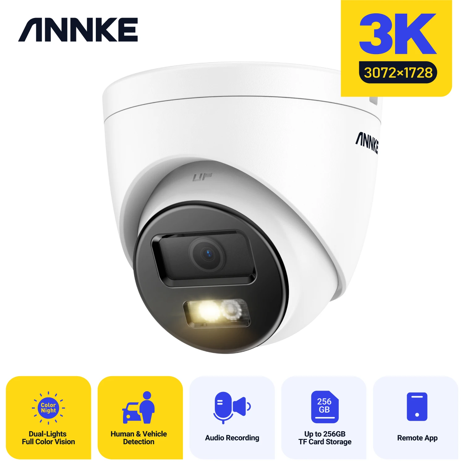 ANNKE Smart Dual-Light IP Camera 3K H.265+ Clear day night IR Network Camera IP67 Dust and Waterproof  human Vehicle Detection