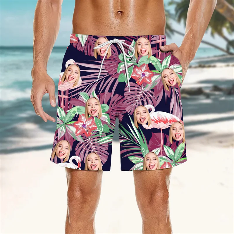 Flamingo Graphic Beach Shorts Men 3d Printed Tropical Plants DIY Swimming Trunks Summer Outdoor Sports Surf Board Shorts