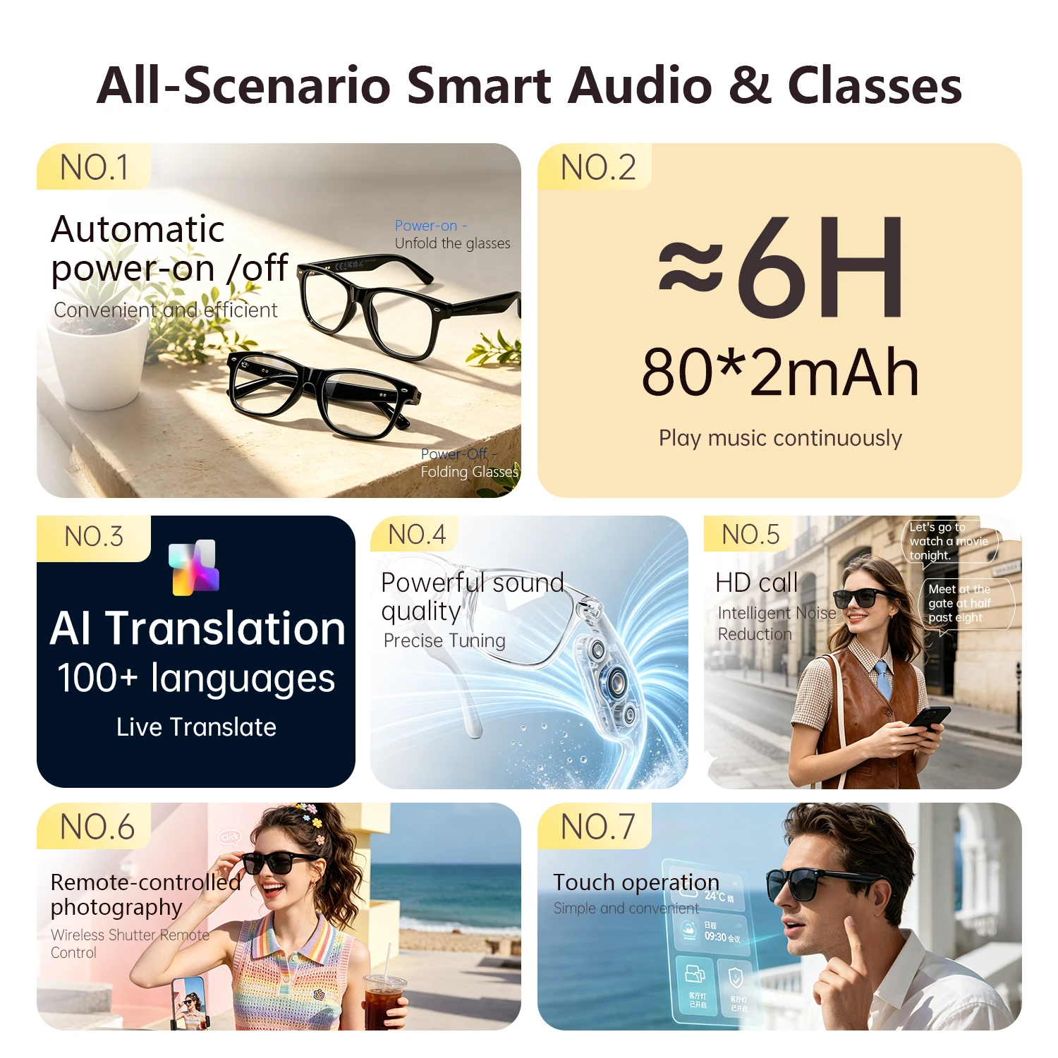 AI Smart Translation Glasses Bluetooth Audio Anti Blue Light Hands Free Call Music Eyeglasses for Travel Daily Use