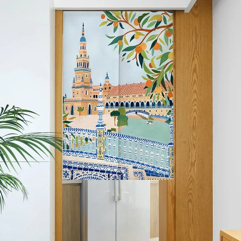 VIKAMA Mediterranean Town Art Curtain Cafe And Tea Room Entrance Semi-Curtain Living Room Bathroom Partition Curtain Home Decor