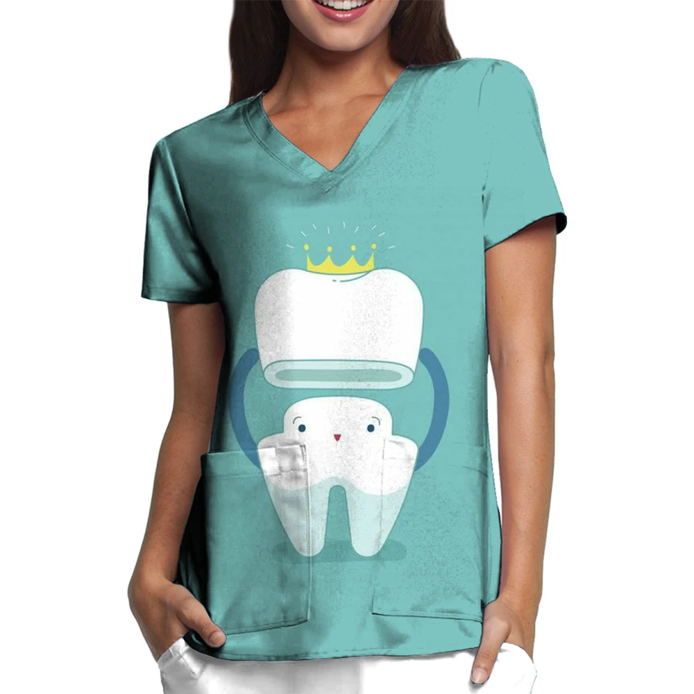 Women's Scrub Tops Teeth Printed Nurse doctor Nursing Uniform Dentist Vet Clinic Surgical Blouse medical T-shirt Women  ﻿