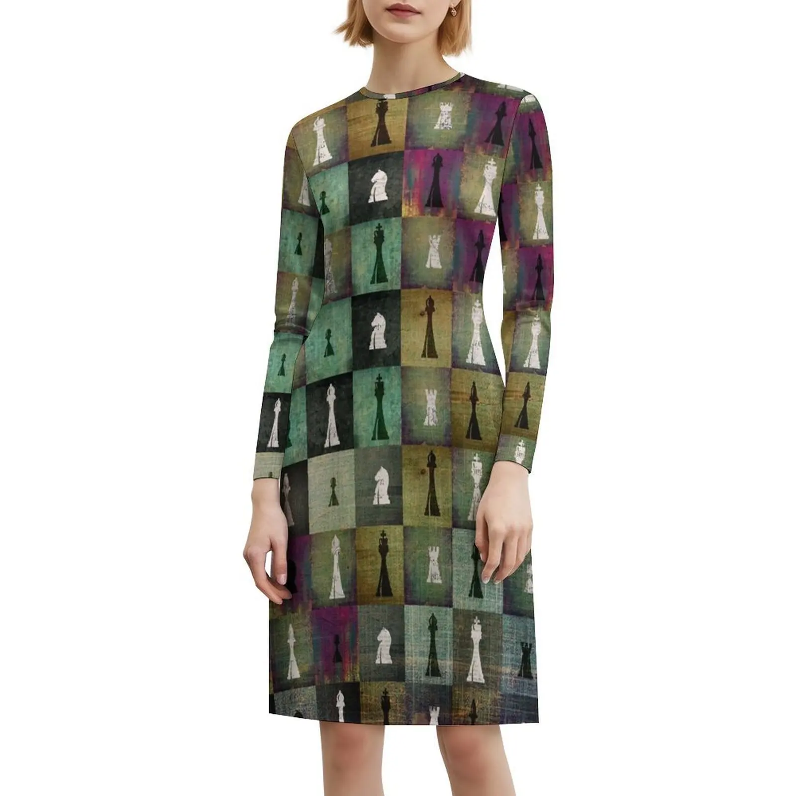 الطلاء والطباعة رقعة الشطرنج وقطع الشطرنج نمط حبيبته العنق فستان أنيق الصيف فستان الحفلات للنساء الأسقف الشطرنج #6