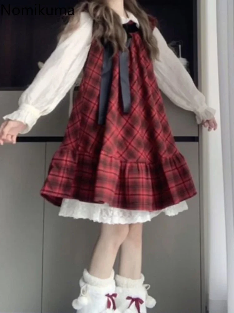 بدلة فستان حلوة يابانية مكونة من قطعتين 2024 ملابس نسائية بياقة بيتر بان وأكمام طويلة وقميص بفيونكة فضفاضة منقوشة ملابس #4