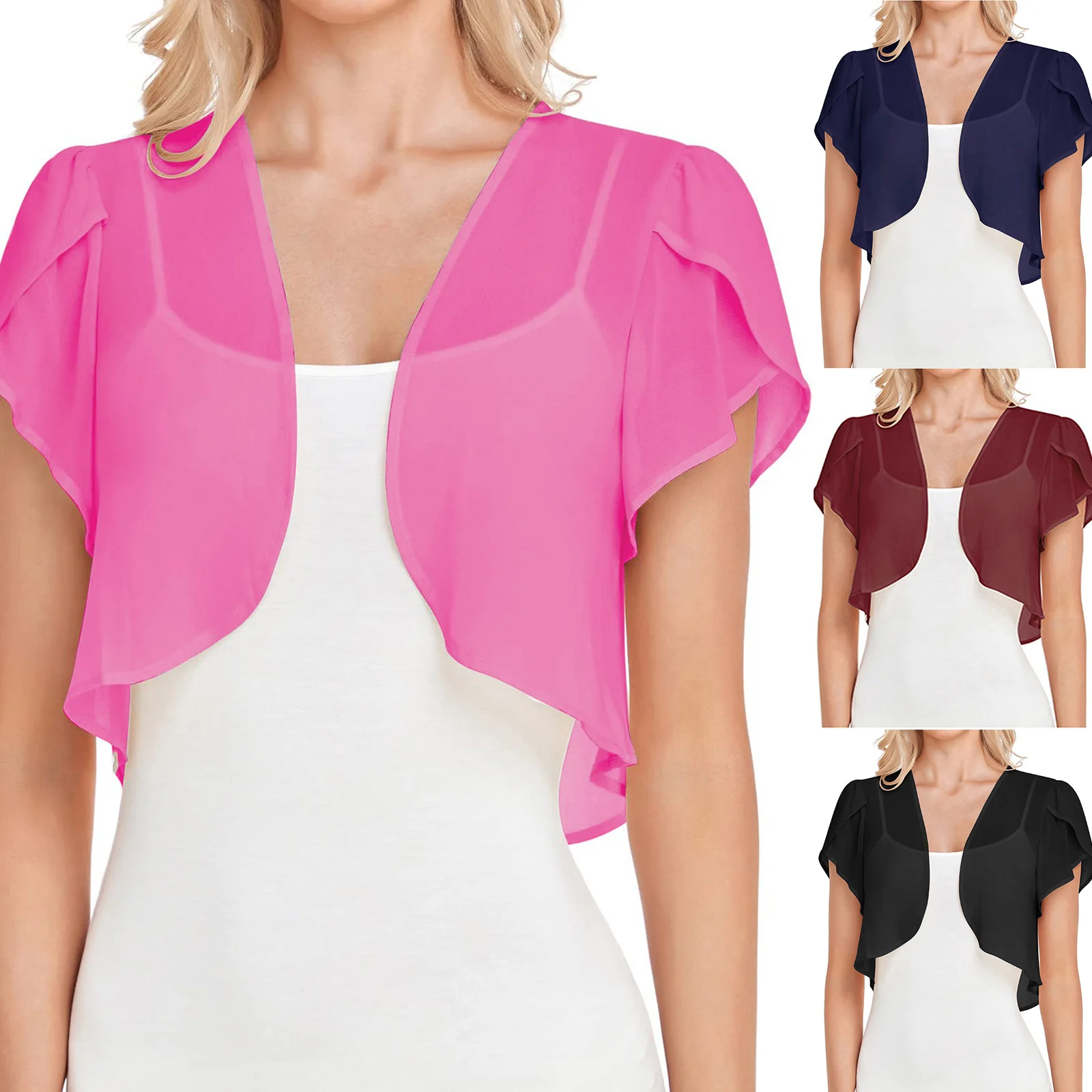 

Women's Pink Chiffon Bolero Shrug, Elegant Short Sleeve Open Front Cardigan for Summer, Lightweight Casual Cover Up