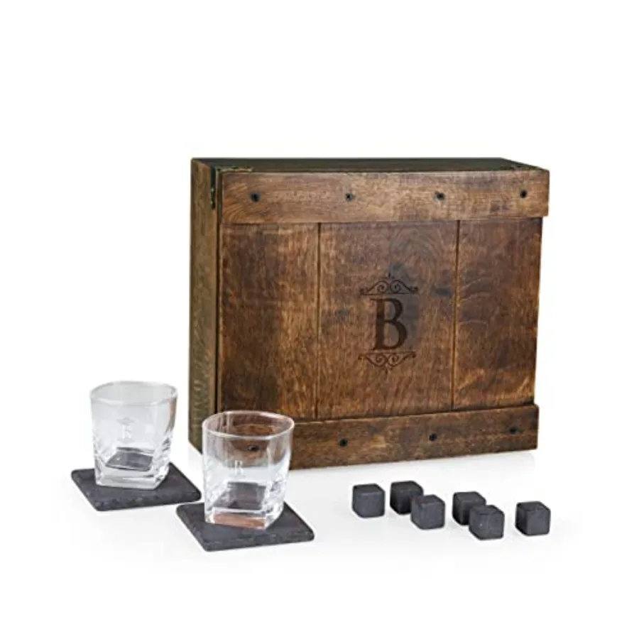 

Initials Whiskey Box Gift Set, Includes Whiskey Glasses, Chillding Stones, and Stone Coasters, (Oak Wood)