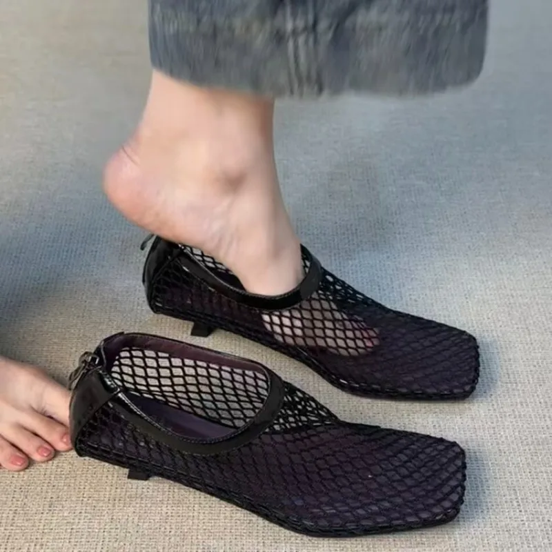 Sexy Mesh High-heeled Sandals for Women Square Toe High-heeled Breathable and Comfortable Low Heel Dress Shoes Zapatos Mujer