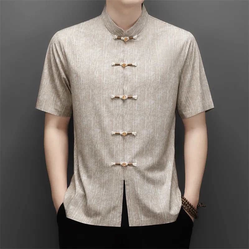 National Style Premium Shirts For Men Short Sleeve Casual Silky Summer High-Quality Skin-Friendly Tang Costume Camisas De Hombre