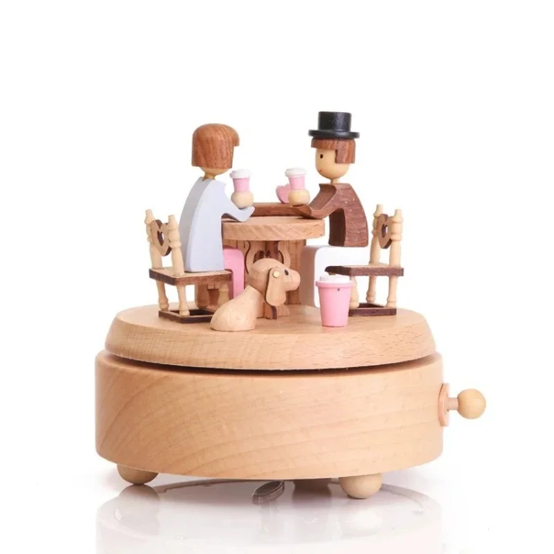 Round wooden music box turntable battery-powered Christmas and holiday gift turntable