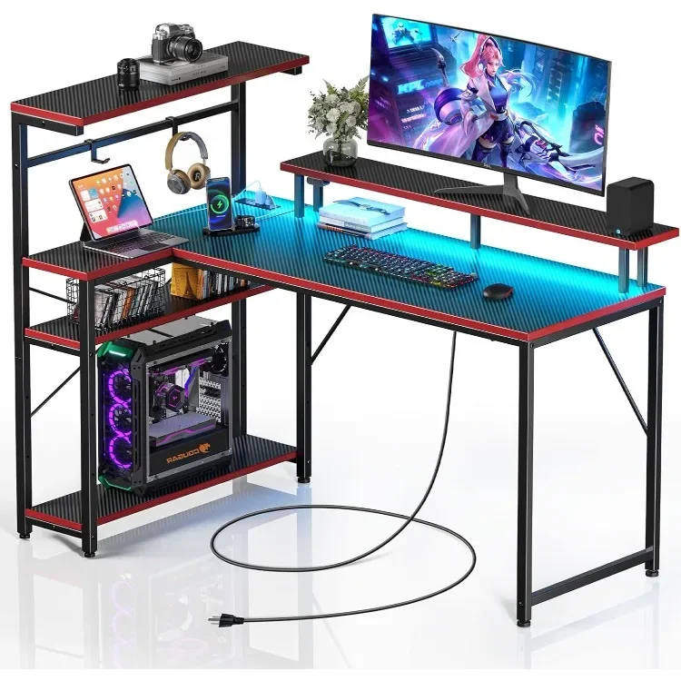 Gaming Desk with Power Outlet and LED Light, Reversible Small Desk with Monitor Stand, 4 Tiers Shelves and Hooks, 39